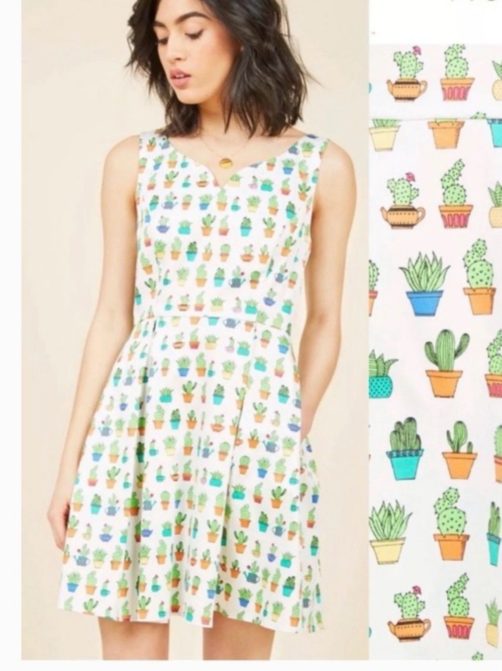 Ixia Cactus Succulents Print 50’s Style Dress With Pockets Size L